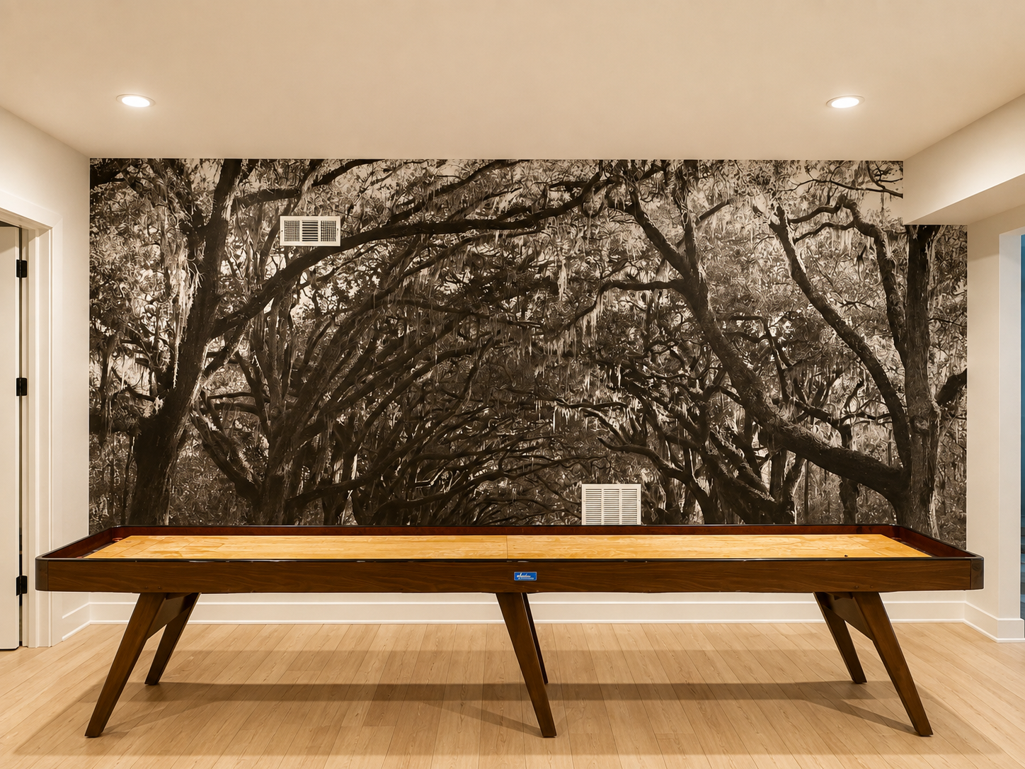 Sepia oak tree mural accent wall installed in a game room in Asheville NC