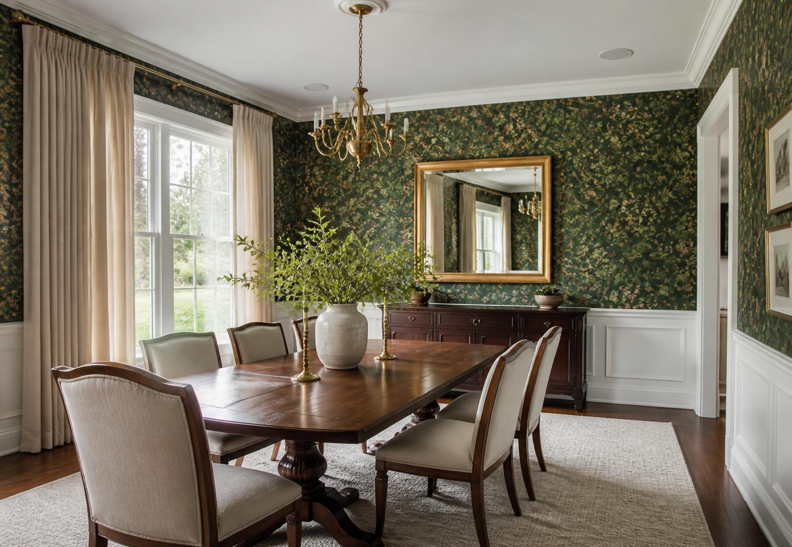 Professional wallpaper installation in an Asheville NC dining room with matched green botanical pattern